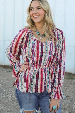 Discount Dear-Lover Western Aztec Split Neck Peplum Blouse Multicolour