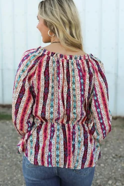 Discount Dear-Lover Western Aztec Split Neck Peplum Blouse Multicolour
