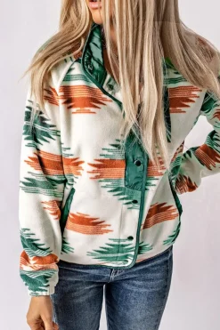 Sale Dear-Lover Western Aztec Snap Buttoned Fleece Jacket Multicolour