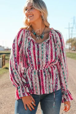 Discount Dear-Lover Western Aztec Split Neck Peplum Blouse Multicolour