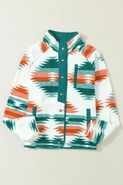 Sale Dear-Lover Western Aztec Snap Buttoned Fleece Jacket Multicolour