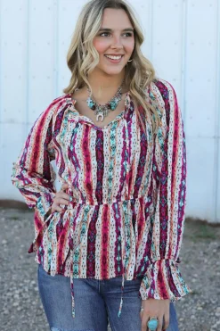 Discount Dear-Lover Western Aztec Split Neck Peplum Blouse Multicolour
