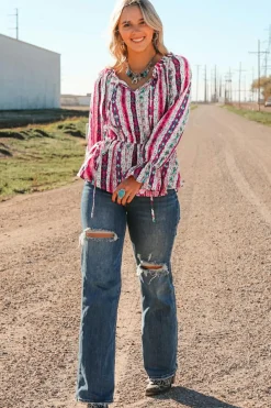 Discount Dear-Lover Western Aztec Split Neck Peplum Blouse Multicolour