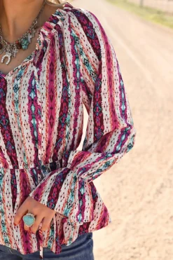 Discount Dear-Lover Western Aztec Split Neck Peplum Blouse Multicolour