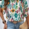 New Dear-Lover Western Print High Neck Bat Sleeve Blouse Multicolour