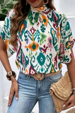 New Dear-Lover Western Print High Neck Bat Sleeve Blouse Multicolour