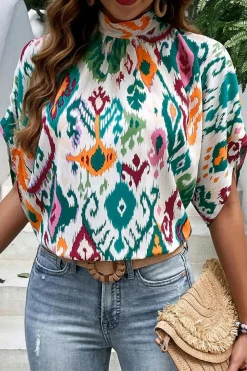 New Dear-Lover Western Print High Neck Bat Sleeve Blouse Multicolour