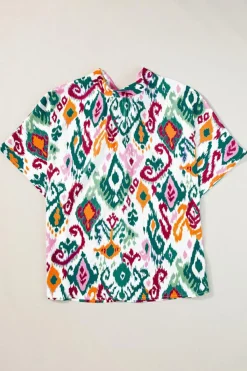 New Dear-Lover Western Print High Neck Bat Sleeve Blouse Multicolour