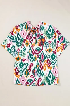 New Dear-Lover Western Print High Neck Bat Sleeve Blouse Multicolour