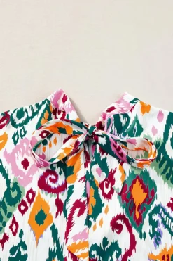 New Dear-Lover Western Print High Neck Bat Sleeve Blouse Multicolour
