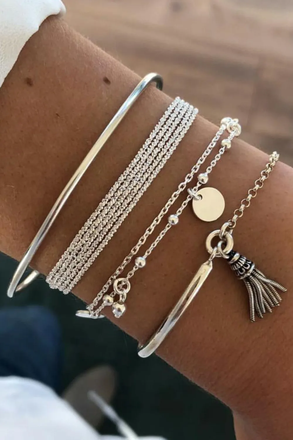 Clearance Dear-Lover Multilayer Chain Disc Tassel Pendant y Bracelet Set Silver