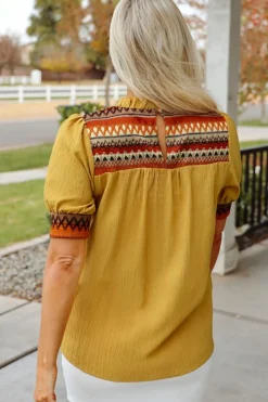 Discount Dear-Lover Geometric Short Puff Sleeve Frilled Collar Blouse Mustard