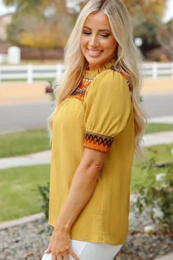 Discount Dear-Lover Geometric Short Puff Sleeve Frilled Collar Blouse Mustard