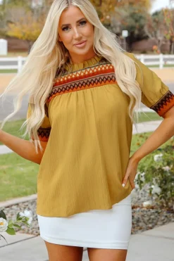 Discount Dear-Lover Geometric Short Puff Sleeve Frilled Collar Blouse Mustard