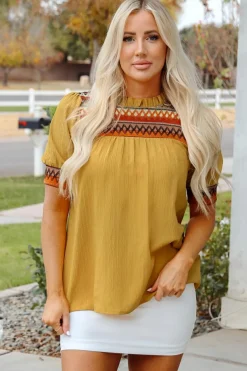 Discount Dear-Lover Geometric Short Puff Sleeve Frilled Collar Blouse Mustard