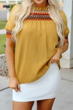 Discount Dear-Lover Geometric Short Puff Sleeve Frilled Collar Blouse Mustard