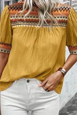 Discount Dear-Lover Geometric Short Puff Sleeve Frilled Collar Blouse Mustard