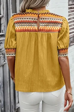 Discount Dear-Lover Geometric Short Puff Sleeve Frilled Collar Blouse Mustard