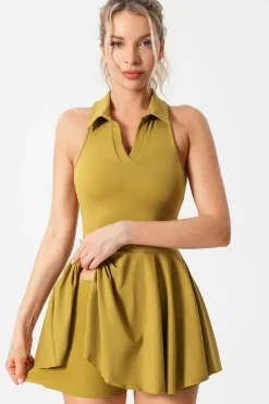 Hot Dear-Lover V Neck Sleeveless Active Pleated Dress Mustard
