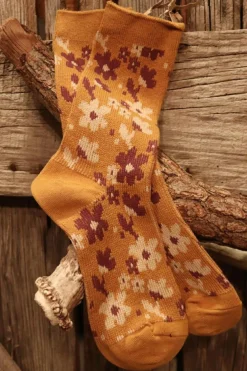 Discount Dear-Lover Vintage Floral Pattern High Ankle Socks Mustard