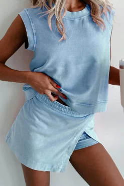 New Dear-Lover 2 Pieces Mineral Wash Cotton Tank Top Lined Split Skirt Set Myosotis
