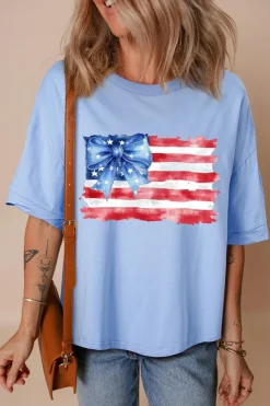 Fashion Dear-Lover American Flag Bow Knot Print Half Sleeve T Shirt Myosotis