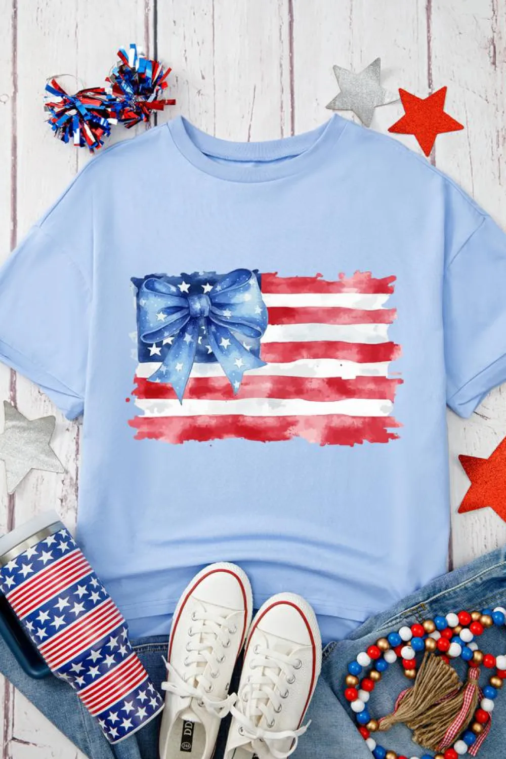 Fashion Dear-Lover American Flag Bow Knot Print Half Sleeve T Shirt Myosotis