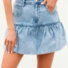 Discount Dear-Lover Bubble Hem Denim Mini Skirt Myosotis