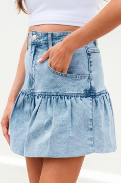 Discount Dear-Lover Bubble Hem Denim Mini Skirt Myosotis