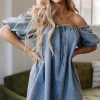 New Dear-Lover Bubble Sleeve Square Neck Denim Babydoll Dress Myosotis