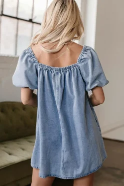 New Dear-Lover Bubble Sleeve Square Neck Denim Babydoll Dress Myosotis