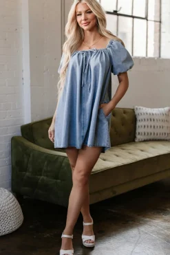 New Dear-Lover Bubble Sleeve Square Neck Denim Babydoll Dress Myosotis