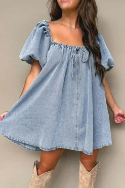 New Dear-Lover Bubble Sleeve Square Neck Denim Babydoll Dress Myosotis