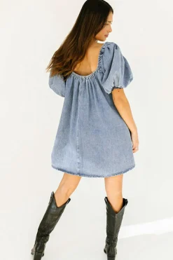New Dear-Lover Bubble Sleeve Square Neck Denim Babydoll Dress Myosotis