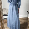 Clearance Dear-Lover Chambray Deep V Neck Bracelet Sleeve Maxi Dress Myosotis