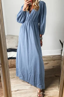 Clearance Dear-Lover Chambray Deep V Neck Bracelet Sleeve Maxi Dress Myosotis