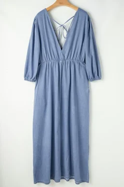 Clearance Dear-Lover Chambray Deep V Neck Bracelet Sleeve Maxi Dress Myosotis