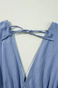 Clearance Dear-Lover Chambray Deep V Neck Bracelet Sleeve Maxi Dress Myosotis