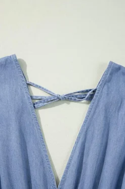 Clearance Dear-Lover Chambray Deep V Neck Bracelet Sleeve Maxi Dress Myosotis