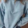Clearance Dear-Lover Collared Zipper Drop Shoulder Fleece Sweatshirt Myosotis