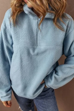 Clearance Dear-Lover Collared Zipper Drop Shoulder Fleece Sweatshirt Myosotis