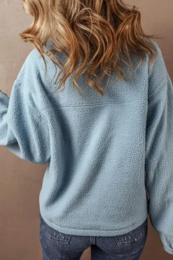 Clearance Dear-Lover Collared Zipper Drop Shoulder Fleece Sweatshirt Myosotis
