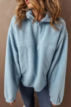 Clearance Dear-Lover Collared Zipper Drop Shoulder Fleece Sweatshirt Myosotis