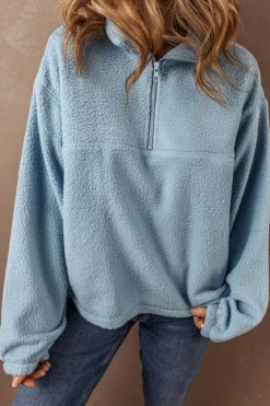 Clearance Dear-Lover Collared Zipper Drop Shoulder Fleece Sweatshirt Myosotis