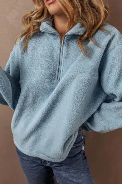Clearance Dear-Lover Collared Zipper Drop Shoulder Fleece Sweatshirt Myosotis