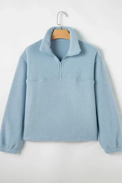 Clearance Dear-Lover Collared Zipper Drop Shoulder Fleece Sweatshirt Myosotis