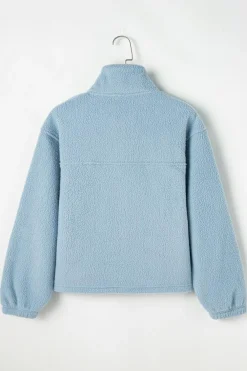 Clearance Dear-Lover Collared Zipper Drop Shoulder Fleece Sweatshirt Myosotis
