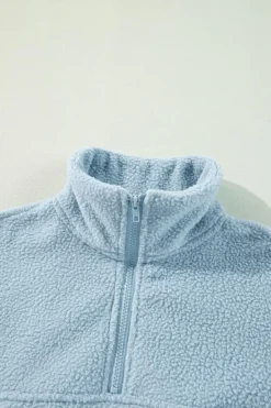Clearance Dear-Lover Collared Zipper Drop Shoulder Fleece Sweatshirt Myosotis