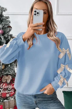 Sale Dear-Lover Contrast Bow Decor Dropped Sleeve Crewneck Sweatshirt Myosotis