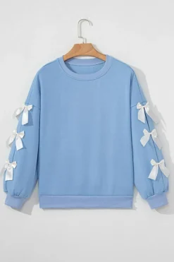 Sale Dear-Lover Contrast Bow Decor Dropped Sleeve Crewneck Sweatshirt Myosotis